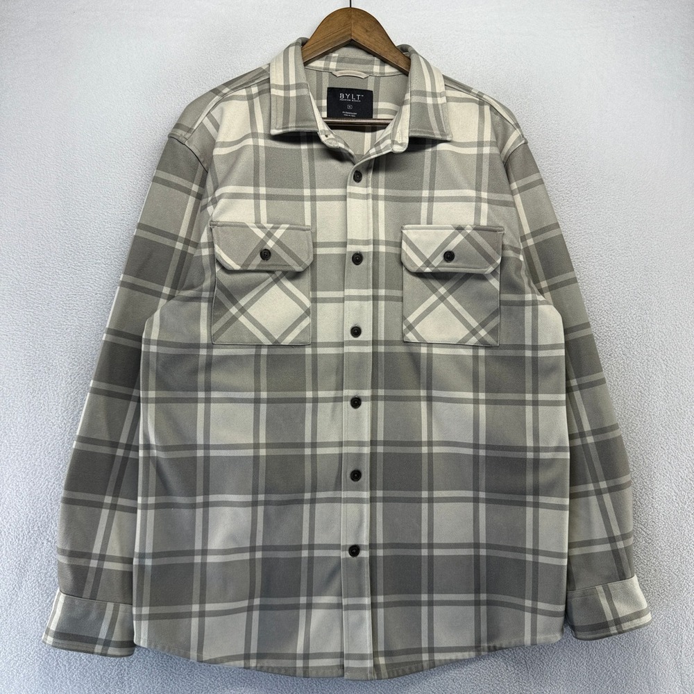 BYLT Shacket Mens XL Gray Plaid Flannel Button Up Coastal Overshirt Check Fall